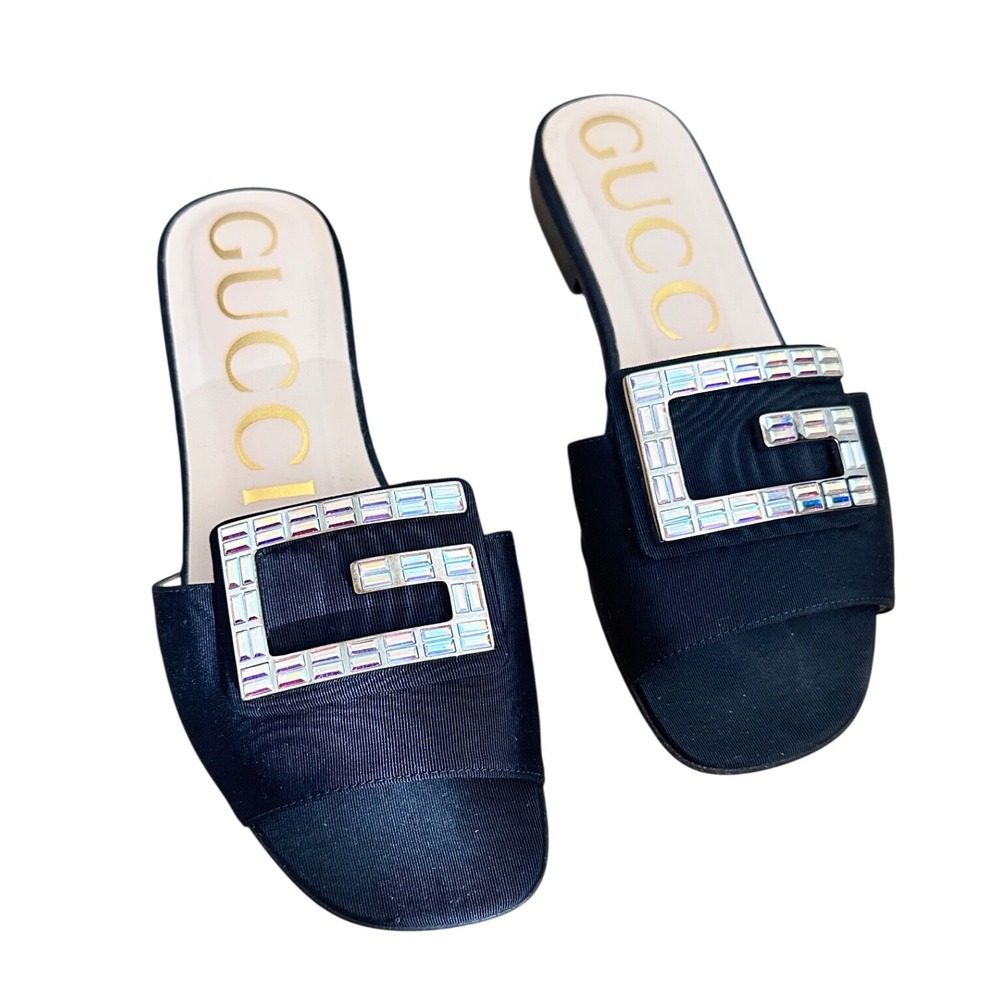 Gucci Nero Black Moire Fabric Crystal G Buckle Slide Sandals 551445 Size 35.5
